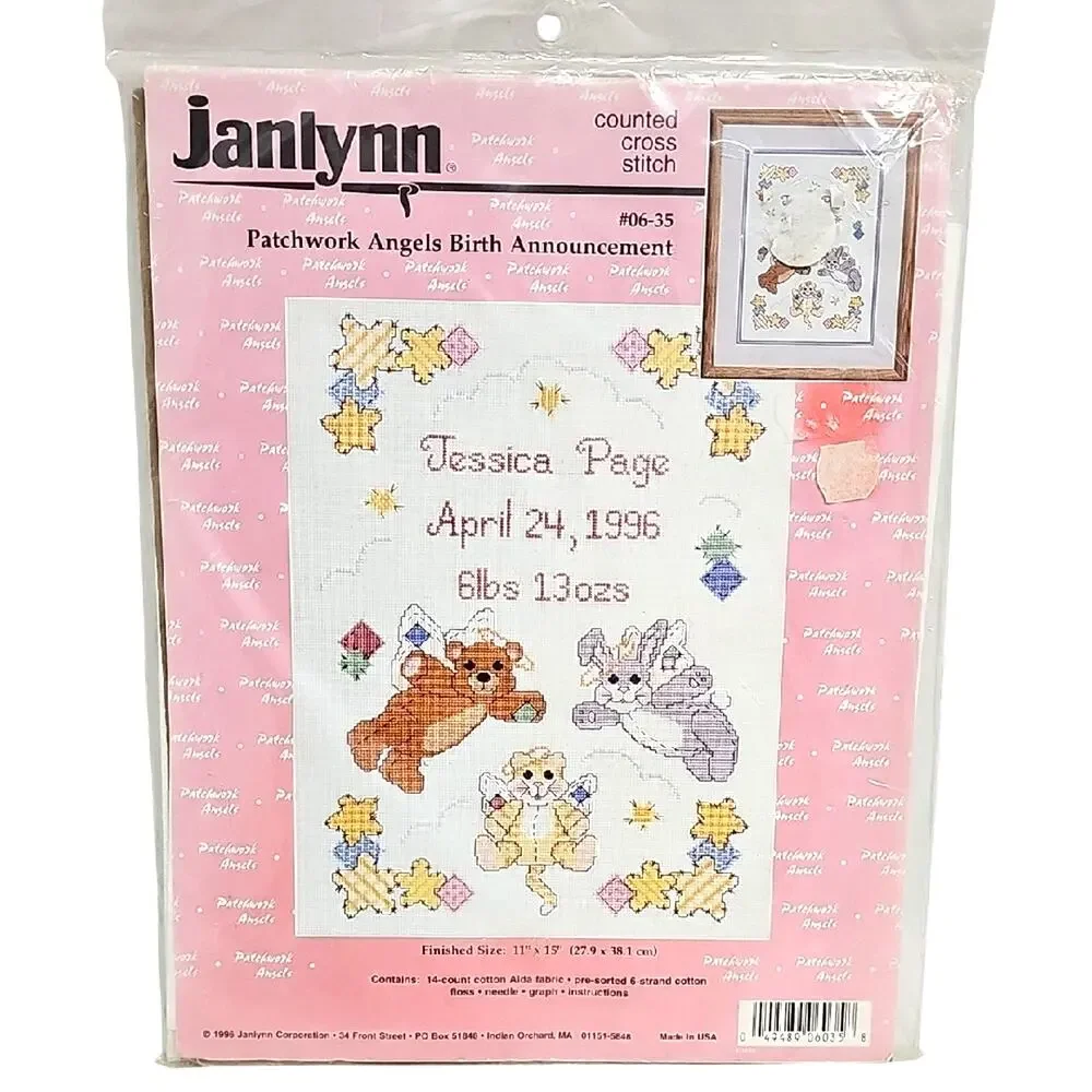 Janlynn Patchwork Angels Birth Announcement Counted Cross Stitch Kit #06-35 NWT